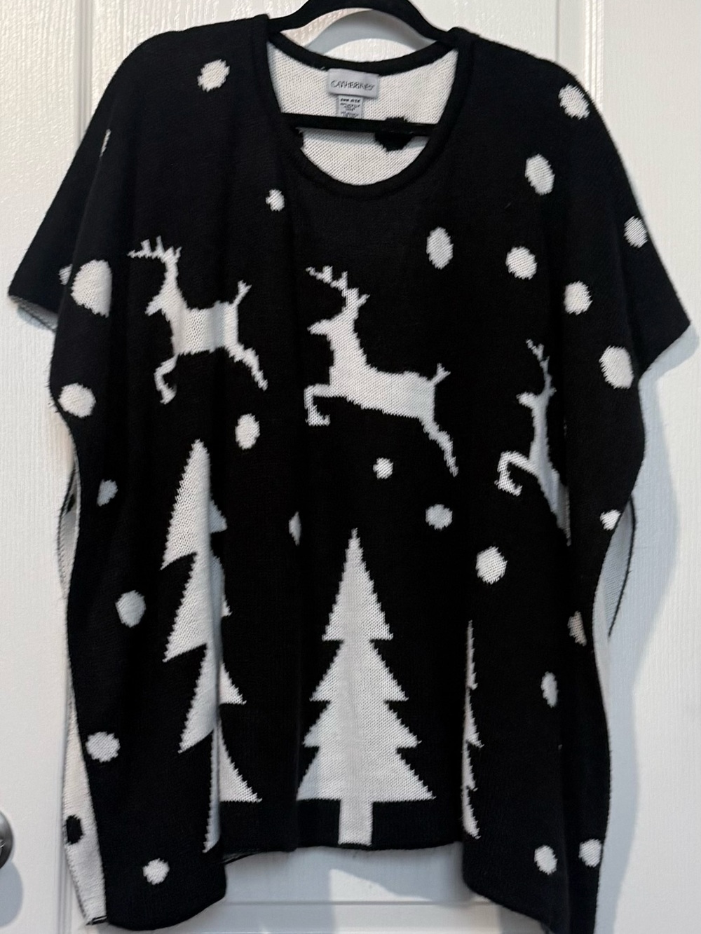 Catherines Black and White Reindeer Knit Poncho